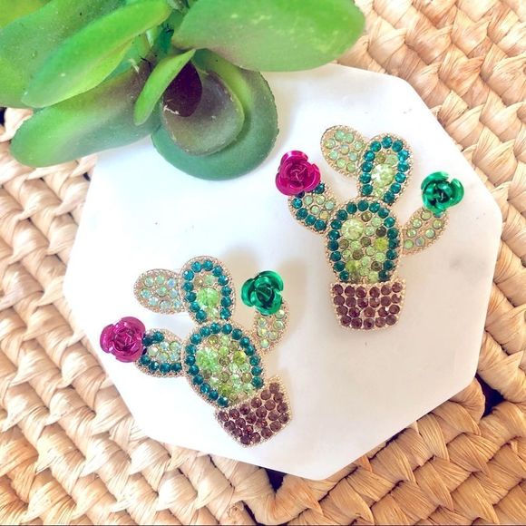 Jewelry - NEW! Bling Cactus with Rose Statement Earrings